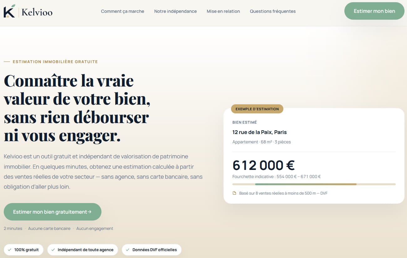 Page d'accueil de Kelvioo, estimation immobilière gratuite